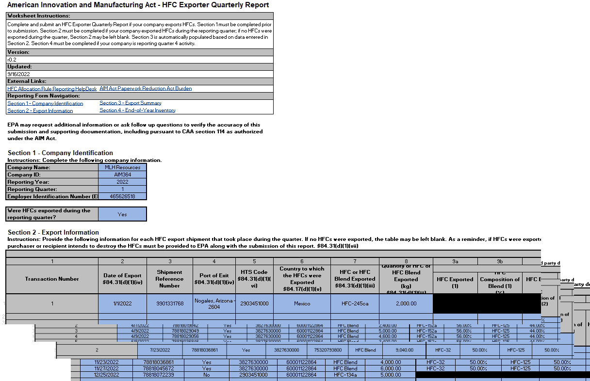 Image of the American Innovation and Manufacturing Act - HFC Exporter Quarterly Report.